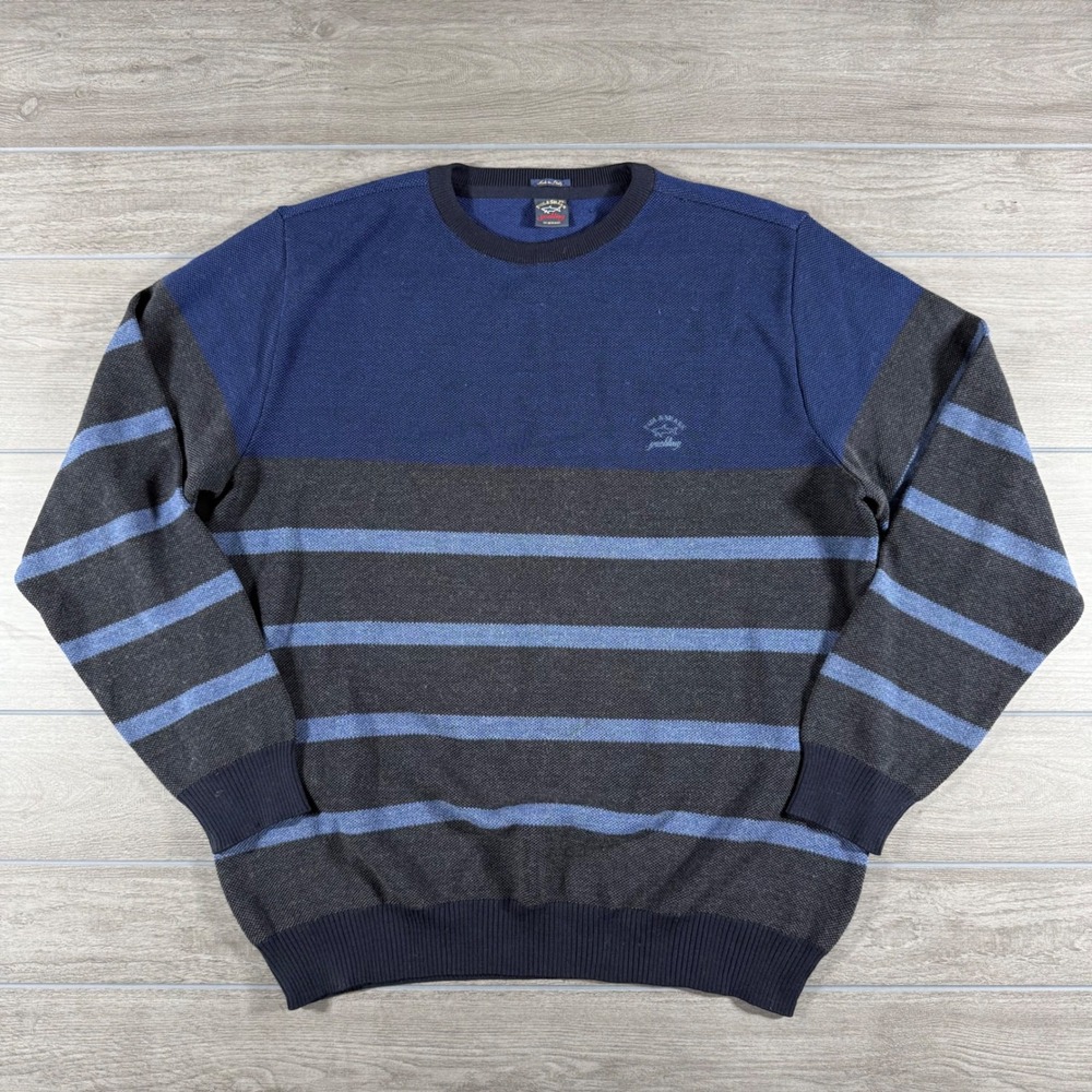 Paul & Shark Sweater XXL Blue Striped Virgin Wool Crew Neck Made in Italy